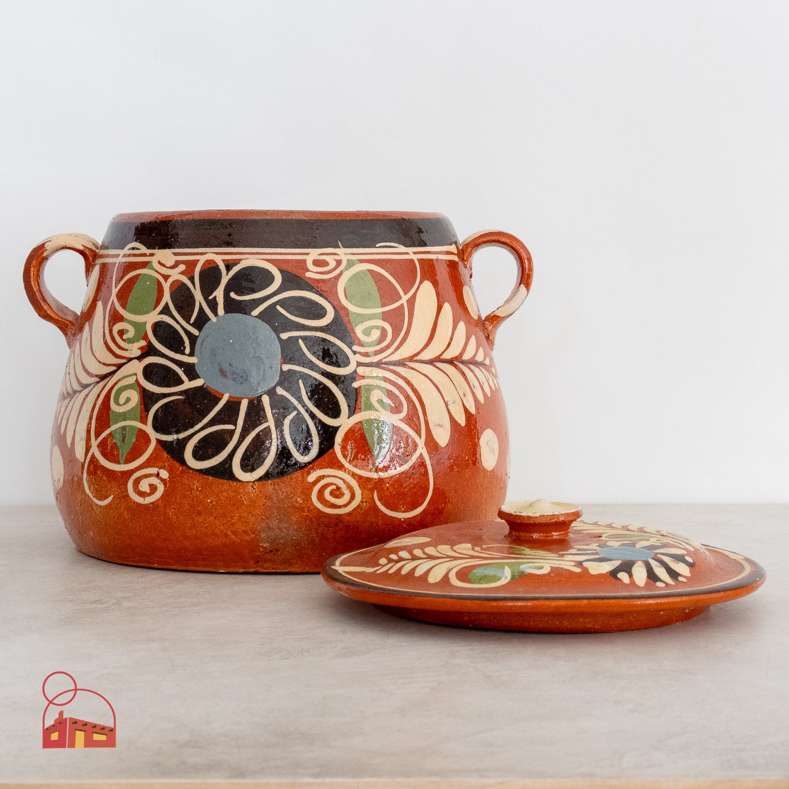 Olla de frijol mexicana vintage con tapa - Olla decorativa de terracota pintada a mano